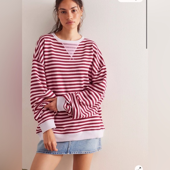 Free People | We The Free Classic Striped Oversized Crewneck | Raspberry Combo - Picture 1 of 10